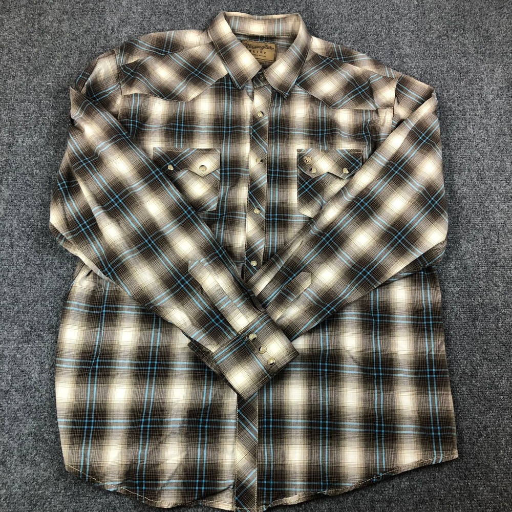 Wrangler Retro Western Shirt Mens XL Brown Blue Plaid Pearl Snap Long Sleeve - Picture 2 of 7